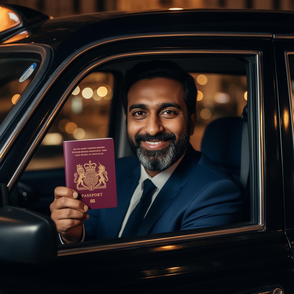 Tariq, a British-Pakistani cab driver, holding his UK passport — funded to study a UK degree